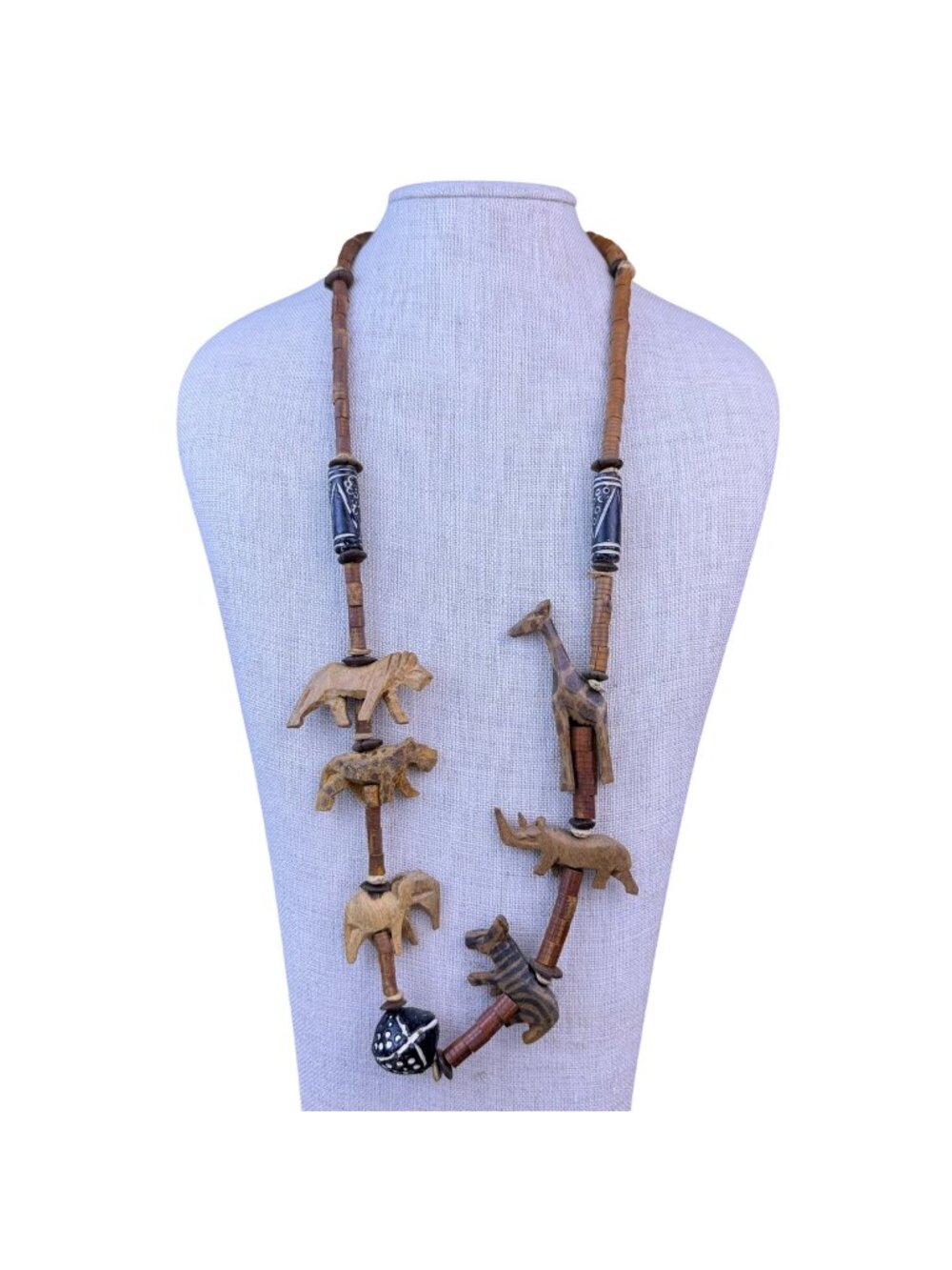Handmade Unisex Brown Wood Animal Carved Necklace Safari Wildlife Beaded Art